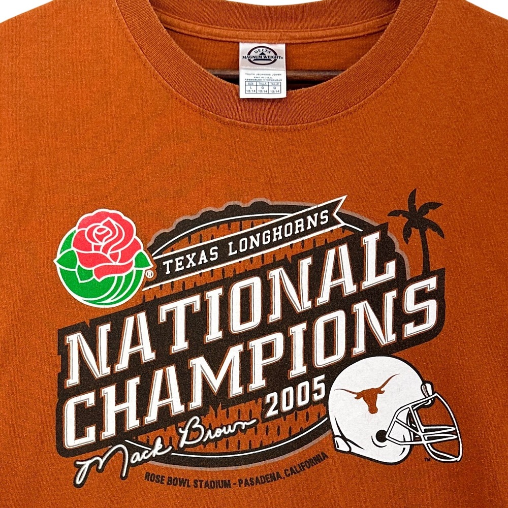 VTG Texas Longhorns 2005 National Champions Mack Brown Orange Kids Tee L 12/14
